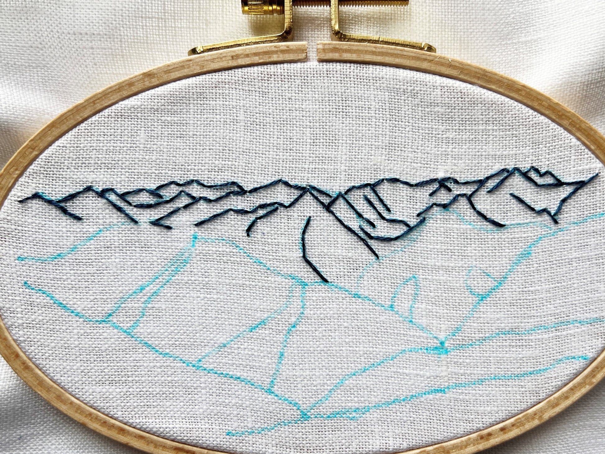 Hurricane Ridge Embroidery in progress.  Far mountains have been outlined in floss.  Remaining features have been traced with a water soluble blue marker on linen to show next steps.