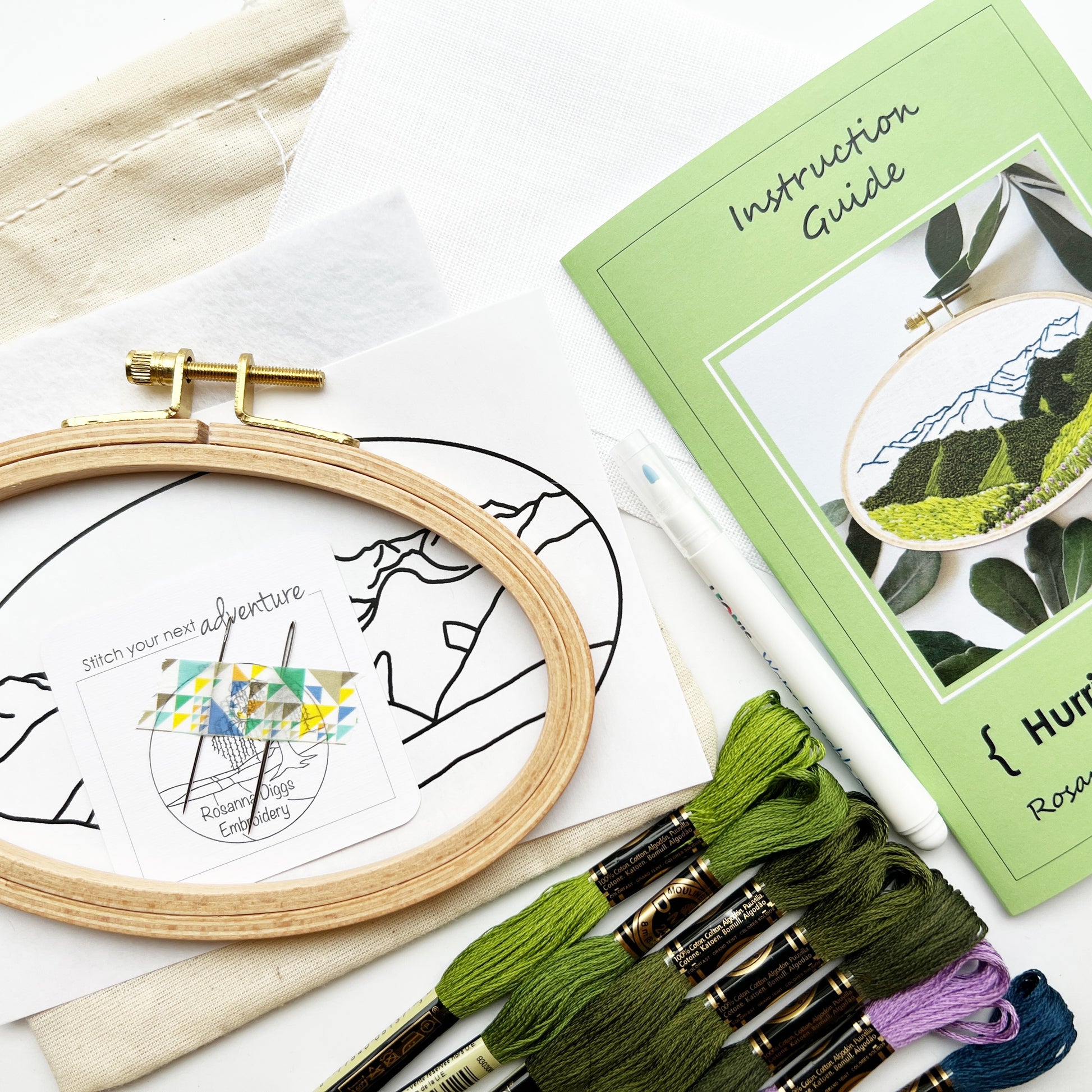 You will need: 4 x 6 inch landscape wooden hoop, 6x8 inch linen fabric, water soluble pen, 6 strand embroidery floss, needle, felt for backing, pattern, step-by-step instructions