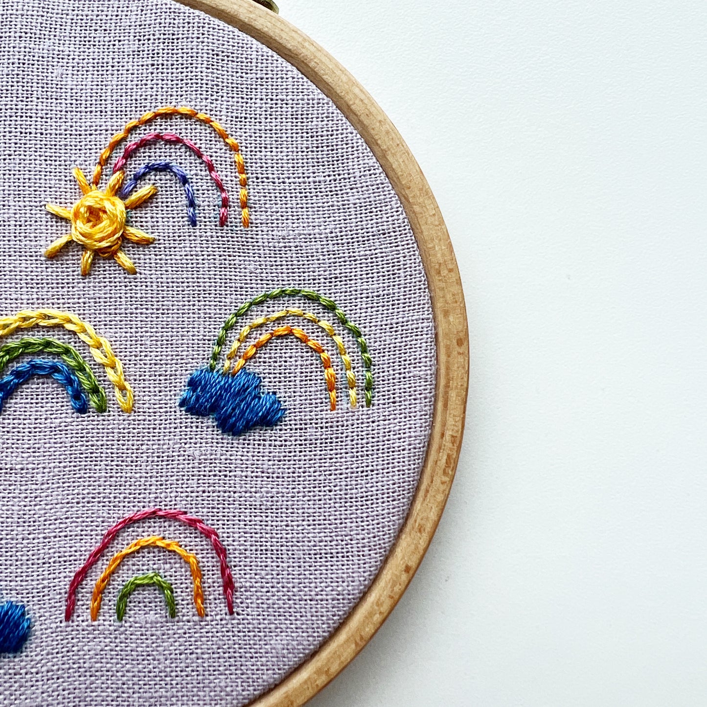 Close up of Sunshine and Rainbows embroidery kit. As a sampler the kit provides opportunity to practice many stitches.