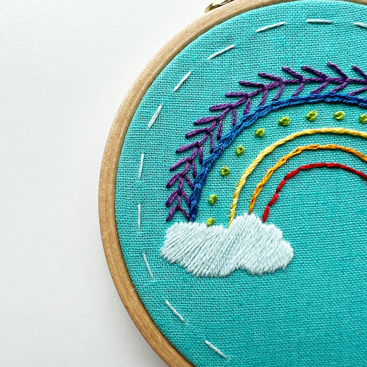 Close up of Rainbow Embroidery Kit.  Shows different stitches for each band of the rainbow.