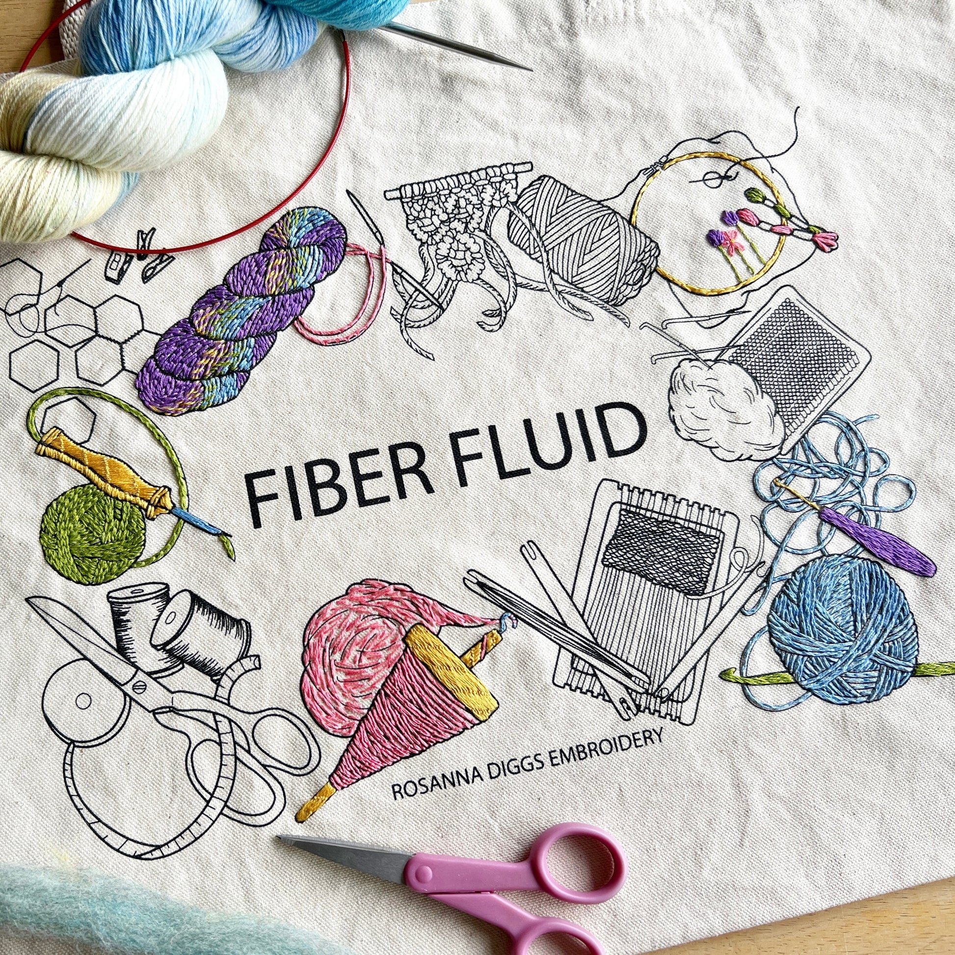 Tote Bag Embroidery Kit - Canvas Tote - Fiber Bag - Fiber Fluid - Embroidery Kit OR Just the Tote. Printed canvas tote surrounded by quilting, roving, yarn and knitting needles.