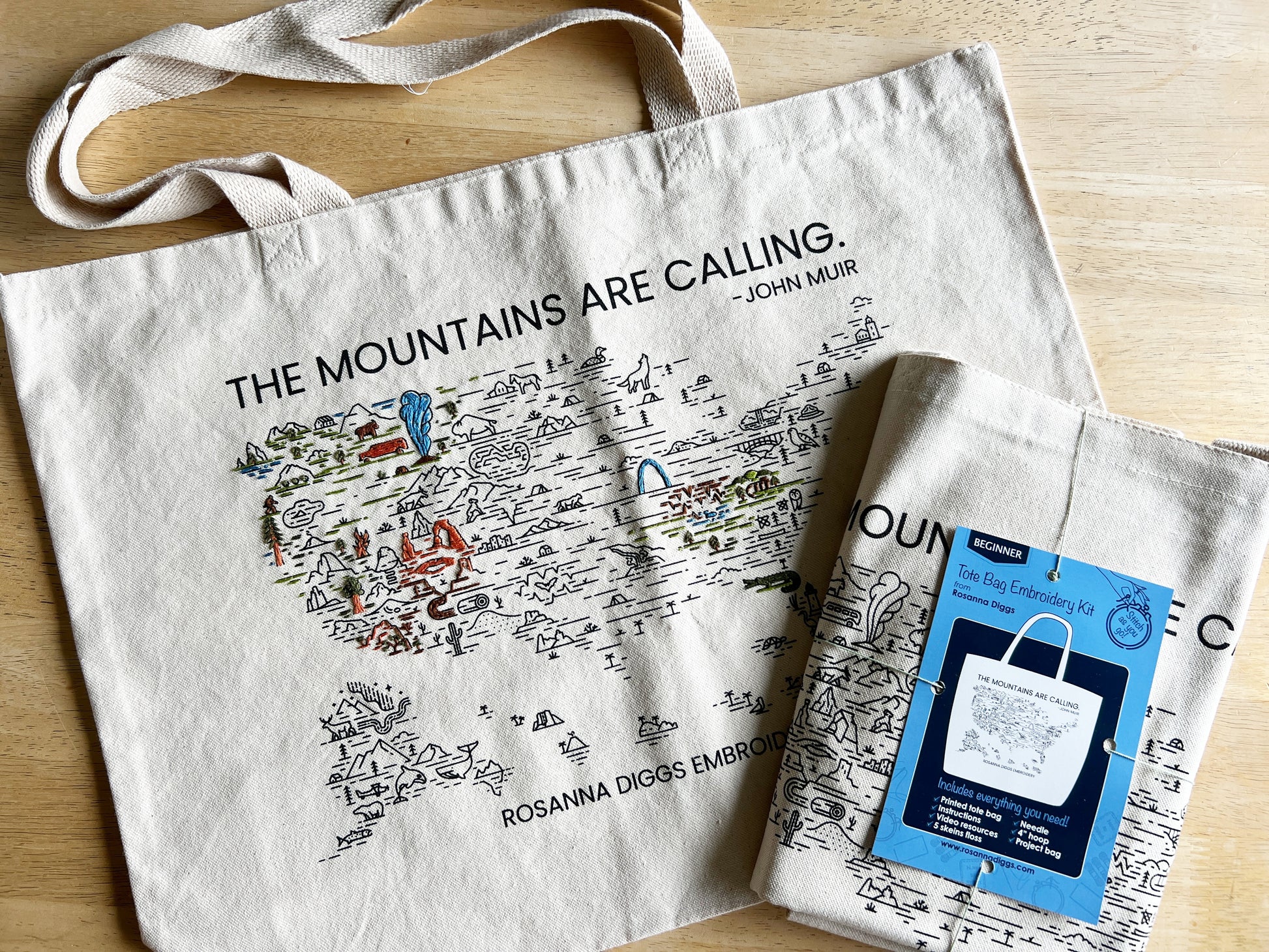 The Mountains are Calling canvas tote is the perfect work in progress.  Stitch as you go to each National Park.