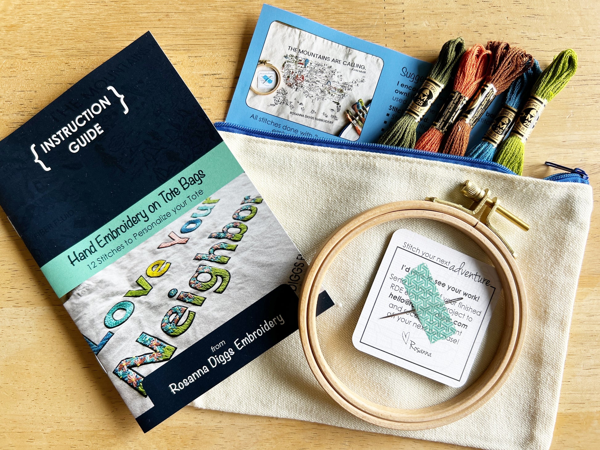 Tote Kits include.
Printed tote bag, instructions, video resources, 5 skeins of floss, needle, 4 inch hoop and a zippered project bag to hold it all.