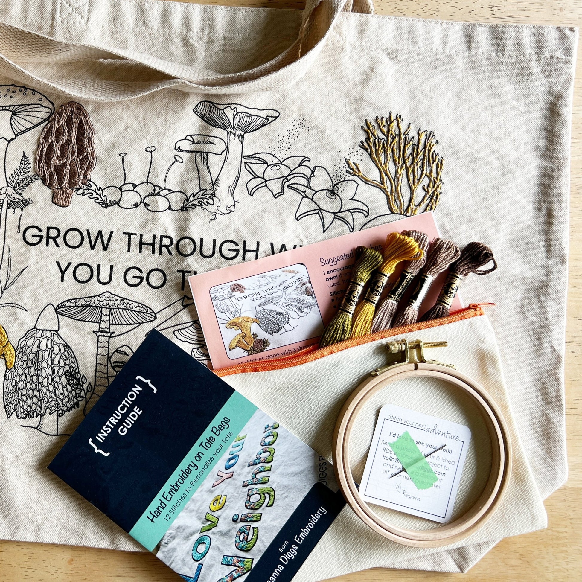 Grow Through What You Go Through Kit contents. Small canvas project bag holds, Instruction guide, 5 skeins of floss, needle, 4 inch hoop, suggestions for stitching as well as links to instructional videos.