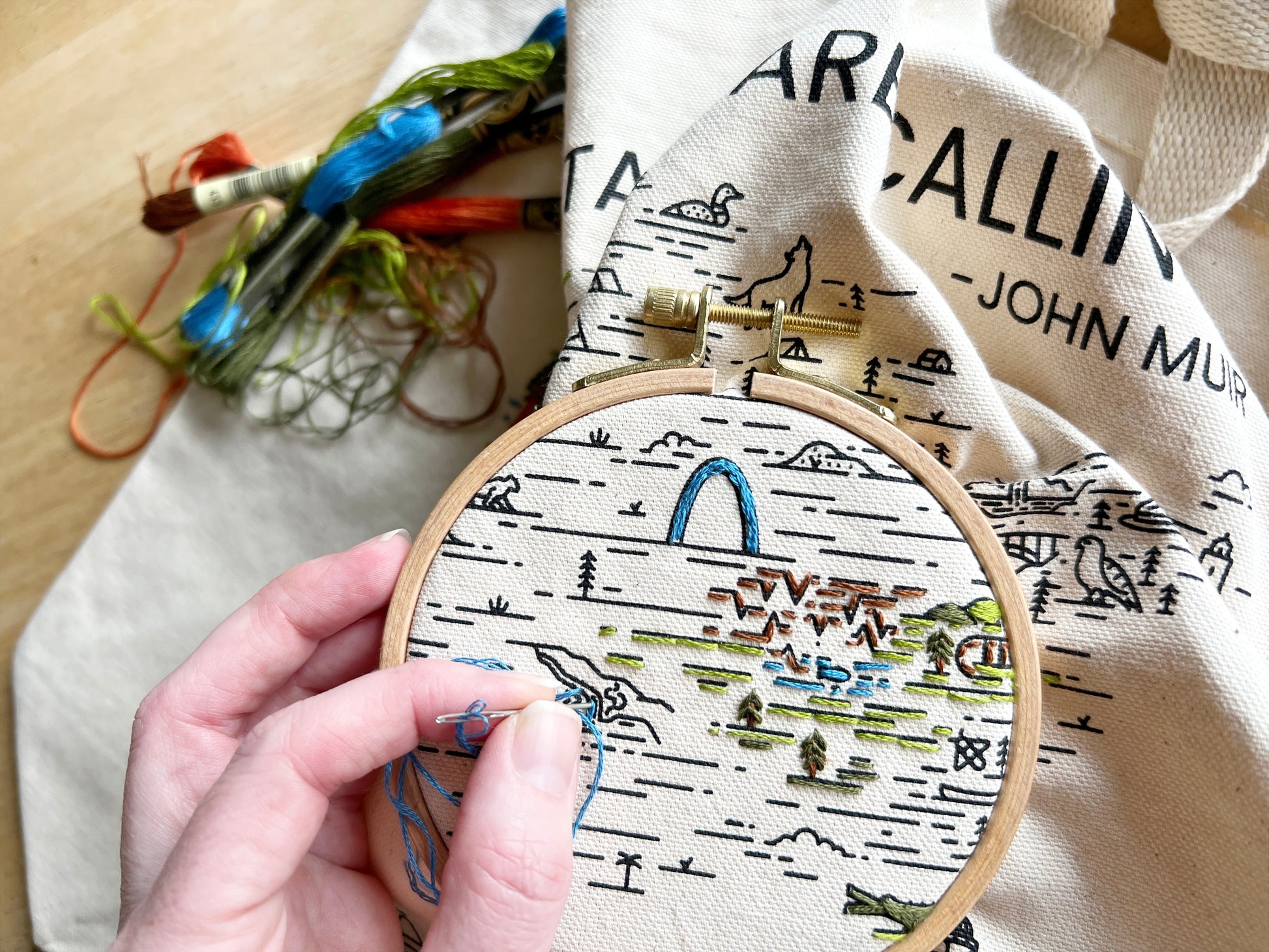 Ready to stitch your adventure in the National Parks?  The kit includes 5 skeins of floss, needle, 4 inch hoop, directions and a zippered pouch to keep it all ready to go on your adventure.