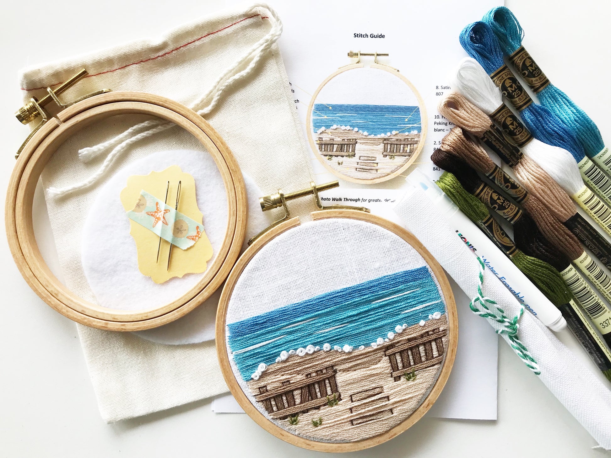 A Day at the Beach Modern Embroidery PDF contains a 12 page booklet of easy to follow directions so you can complete this beach scene with crashing waves on a sandy beach with a rustic fence.