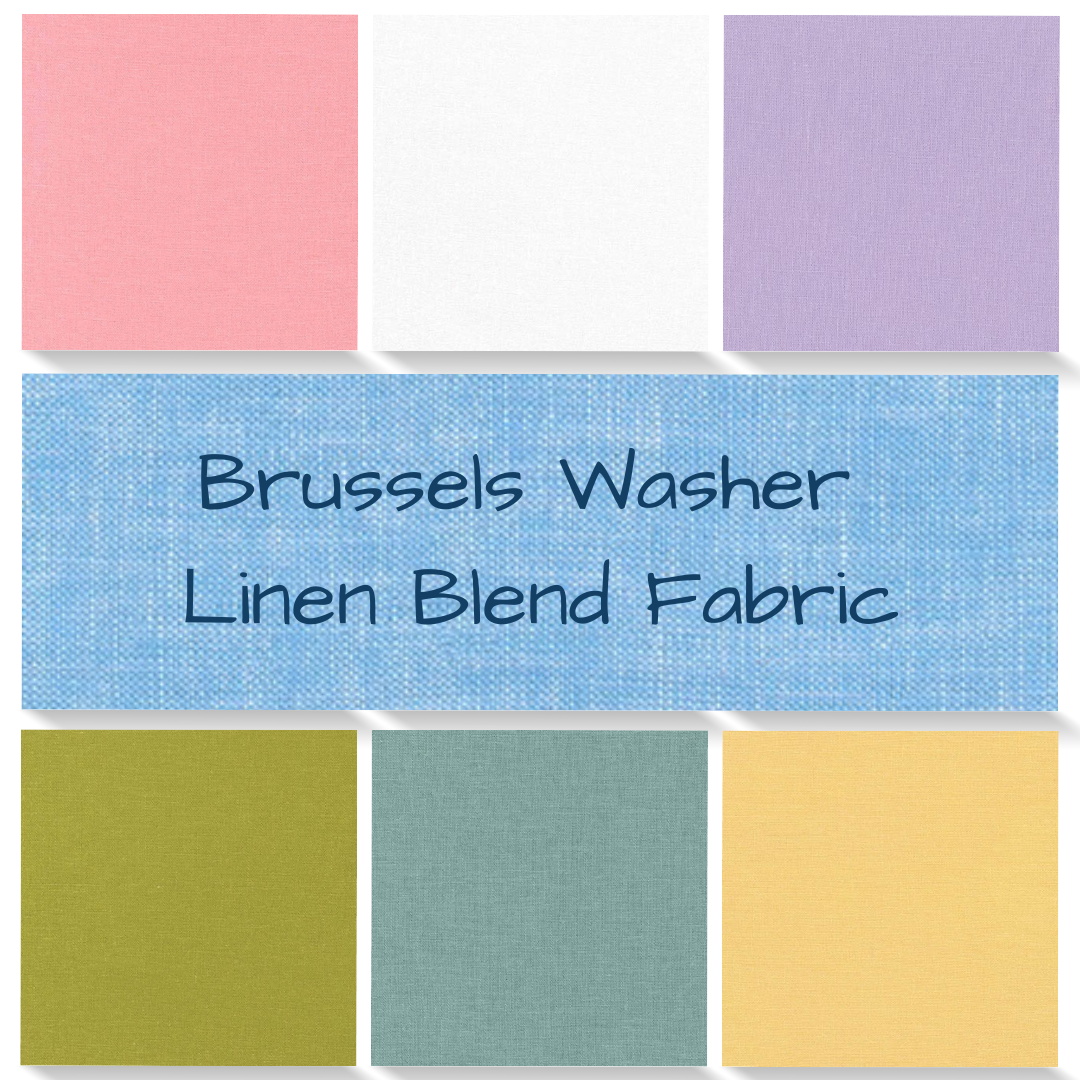 Robert Kaufman Brussels Washer Linen Blend Fabric.  55%Linen 45% Cotton.  Colors: Blush, White, Thistle, Pear, Slate, Buttercup. Available by the cut fat quarter to yard.