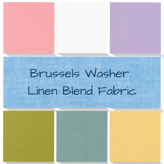 Robert Kaufman Brussels Washer Linen Blend Fabric.  55%Linen 45% Cotton.  Colors: Blush, White, Thistle, Pear, Slate, Buttercup. Available by the cut fat quarter to yard.