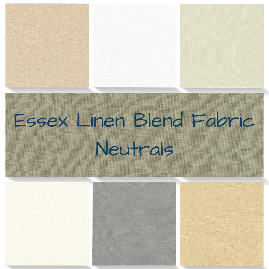 Robert Kaufman Essex Linen Blend Fabric Neutrals.  Colors: Sand, White, Putty, Champagne, Smoke, Linen. 55% Linen 45% Cotton.