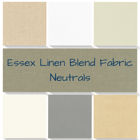 Robert Kaufman Essex Linen Blend Fabric Neutrals.  Colors: Sand, White, Putty, Champagne, Smoke, Linen. 55% Linen 45% Cotton.