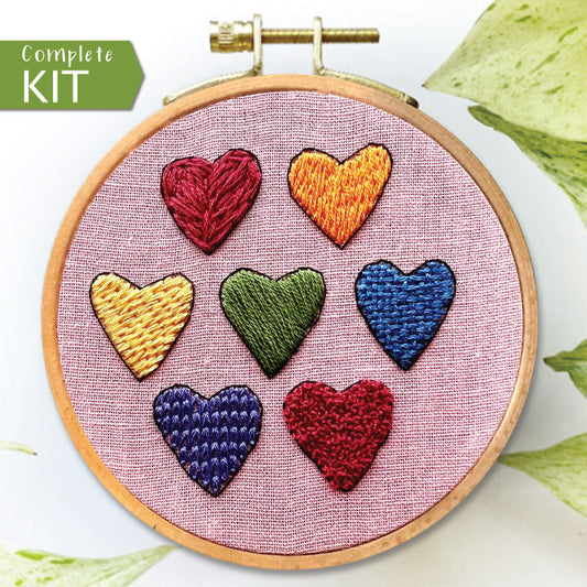 I Heart Stitching Complete Beginner Embroidery Kit.  Seven hearts in seven colors and stitch styles.