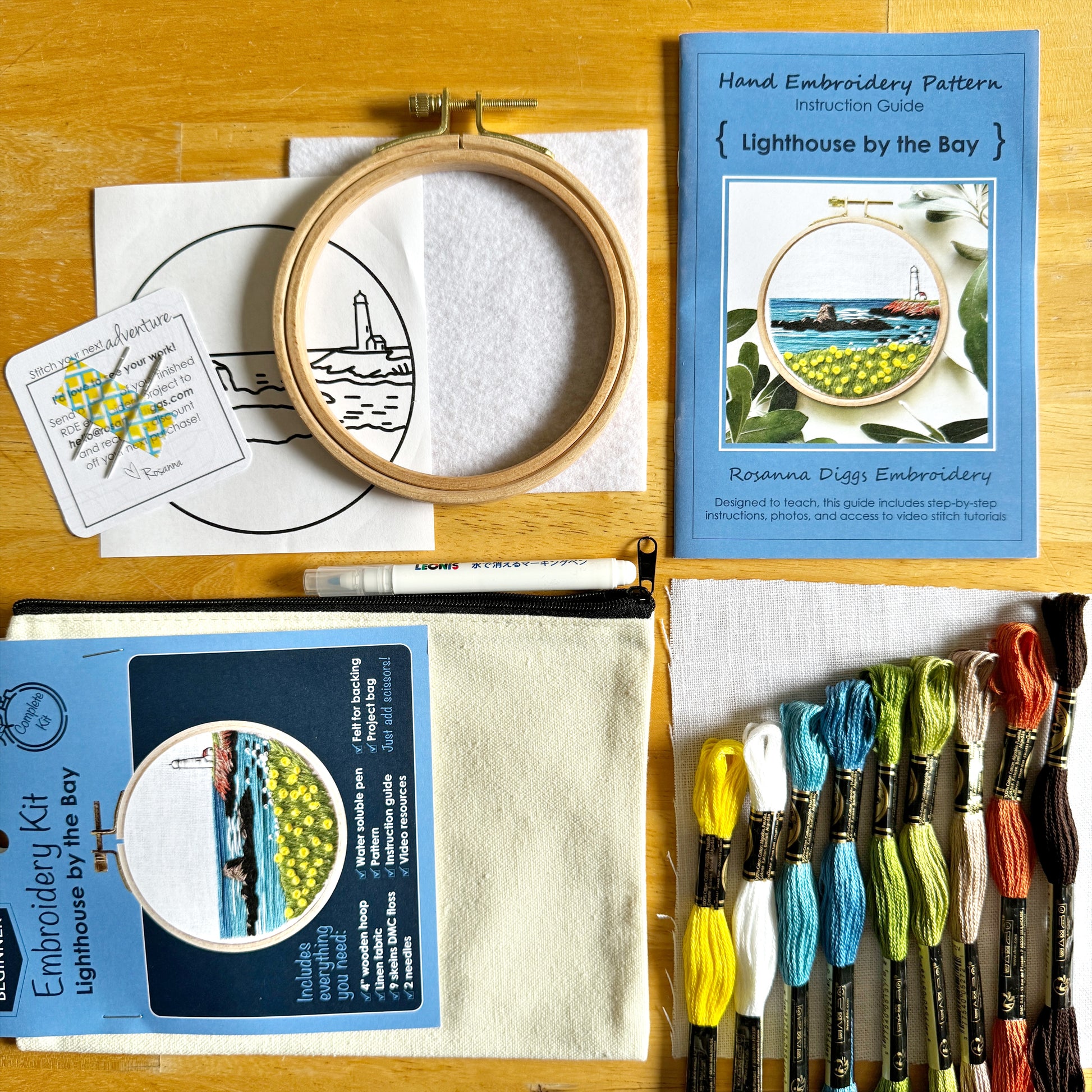 What is Included: 4 inch wooden hoop, 6 inch square linen fabric, water soluble pen, full skeins of floss, needle, pattern, step-by-step instructions and felt for backing in a reusable zippered project bag.