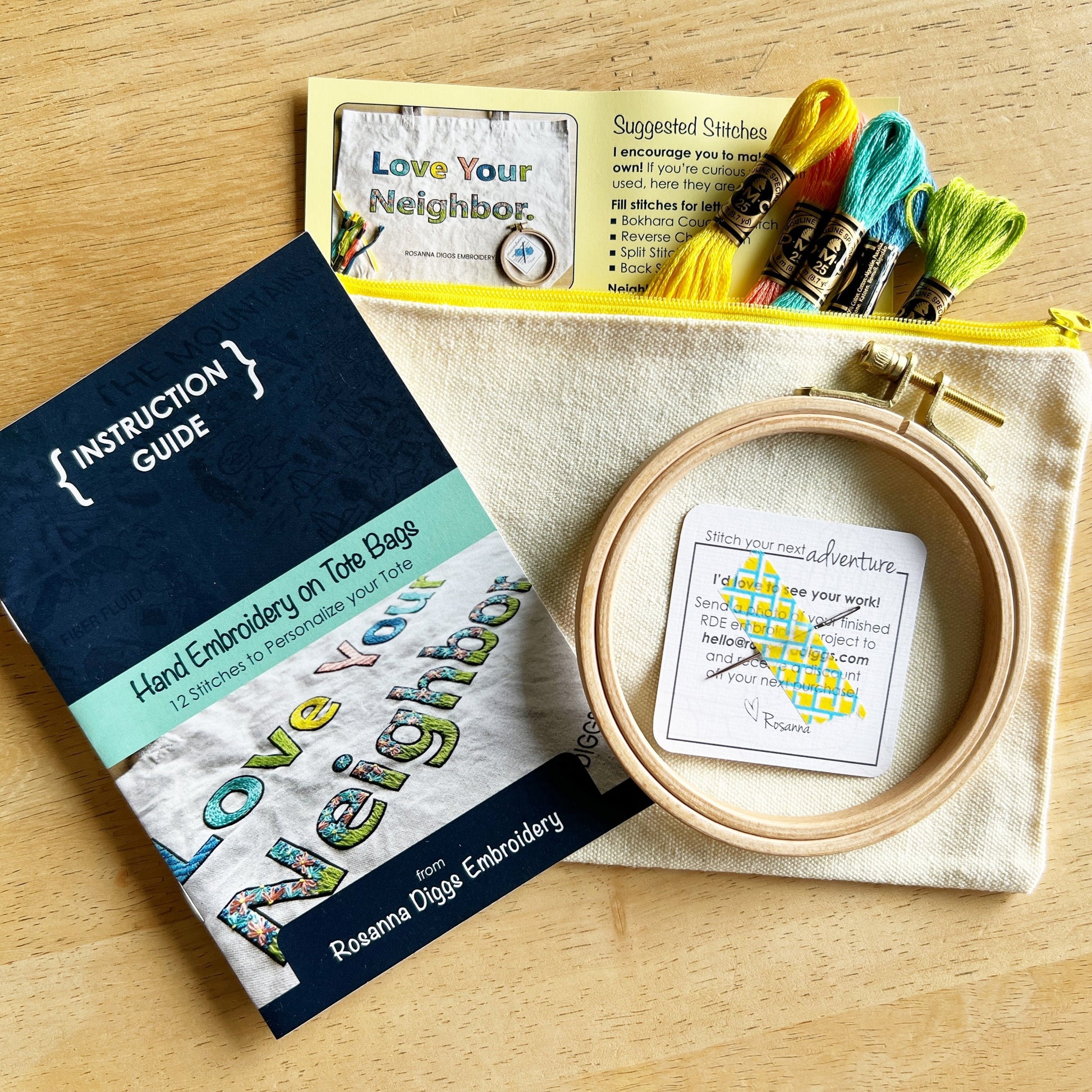 Tote Kits include.
Printed tote bag, instructions, video resources, 5 skeins of floss, needle, 4 inch hoop and a zippered project bag to hold it all.