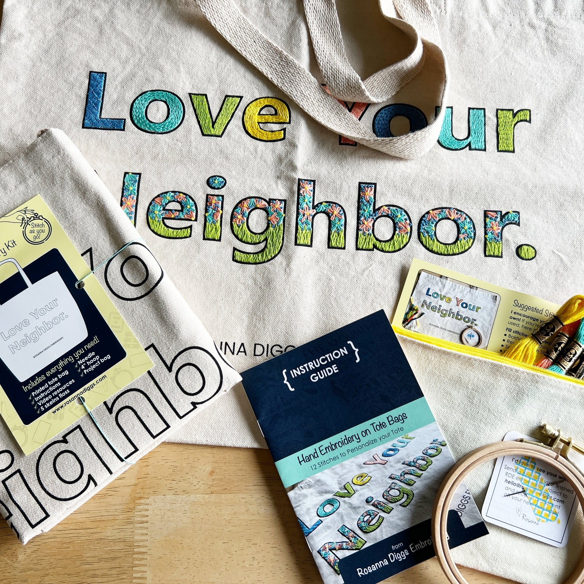 Rosanna Diggs Embroidery Love Your Neighbor tote comes in a full kit or as the bag alone.