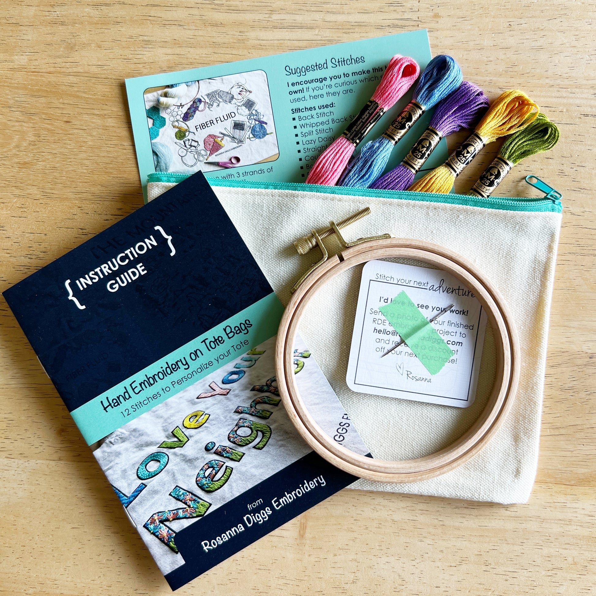 Tote Kits include.
Printed tote bag, instructions, video resources, 5 skeins of floss, needle, 4 inch hoop and a zippered project bag to hold it all.