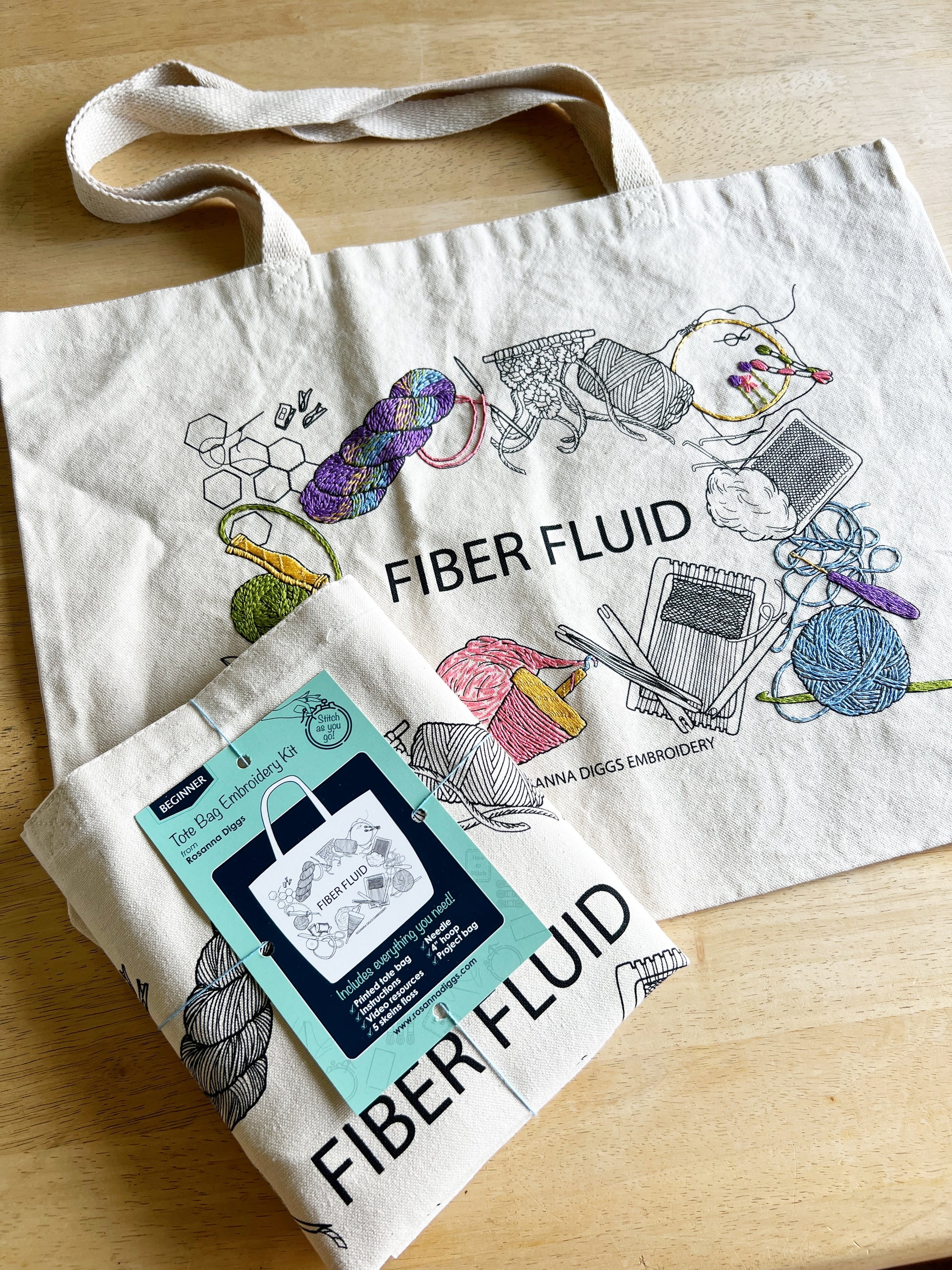 Fiber Fluid tote kits come tied up with string.  Including all supplies.  The sturdy cream canvas tote can be purchased separately.