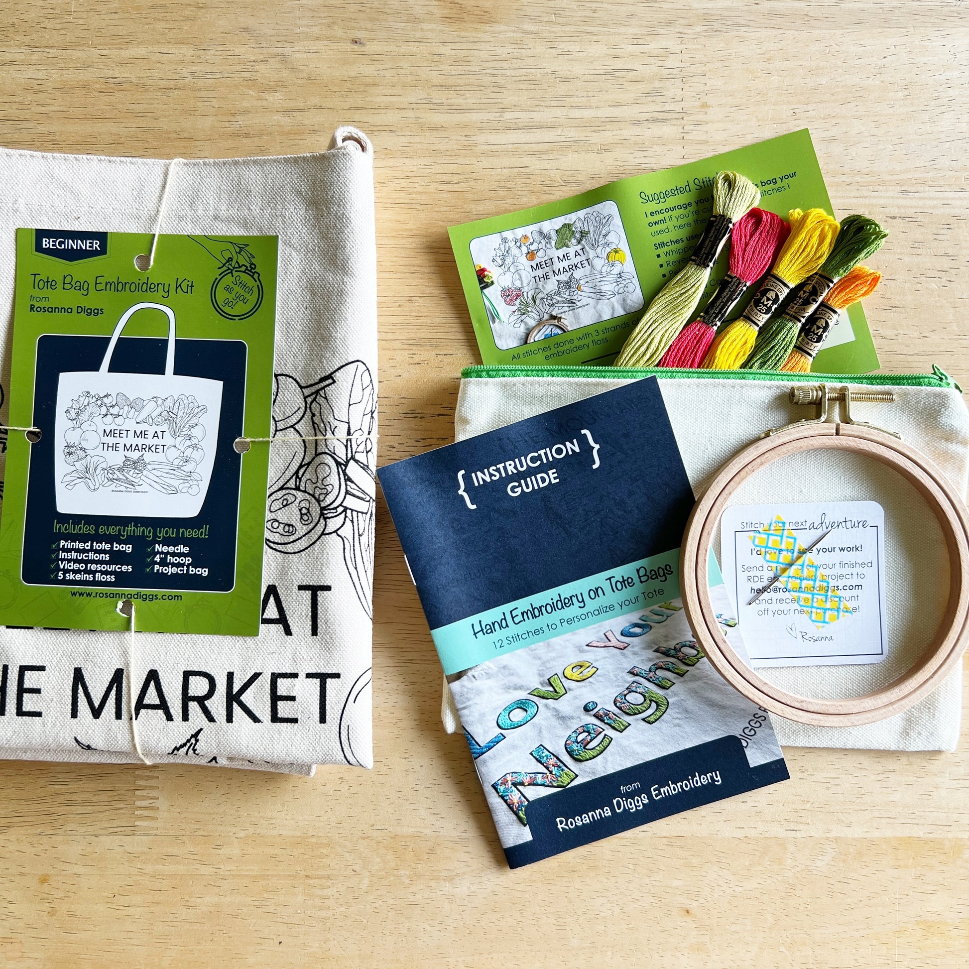 Tote kits include: printed tote bag, instructions, video resources, 5 skeins of floss, needle, 4 inch hoop and a zippered project bag to hold it all.