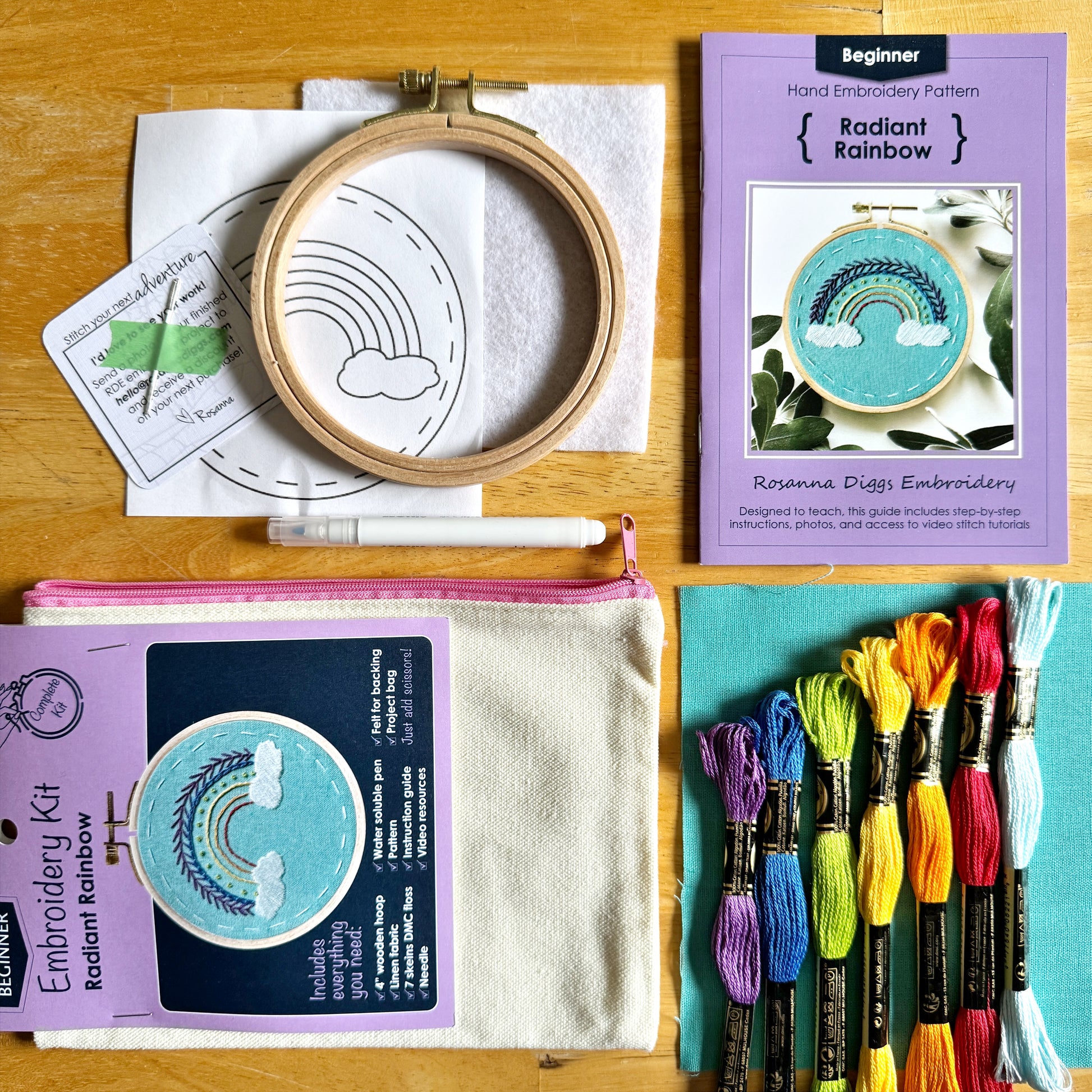 What is Included. 4 inch wooden hoop, 6 inch linen fabric, water soluble pen, full skeins of floss, needle, pattern, step by step instructions, felt for backing in a project bag to hold it all!