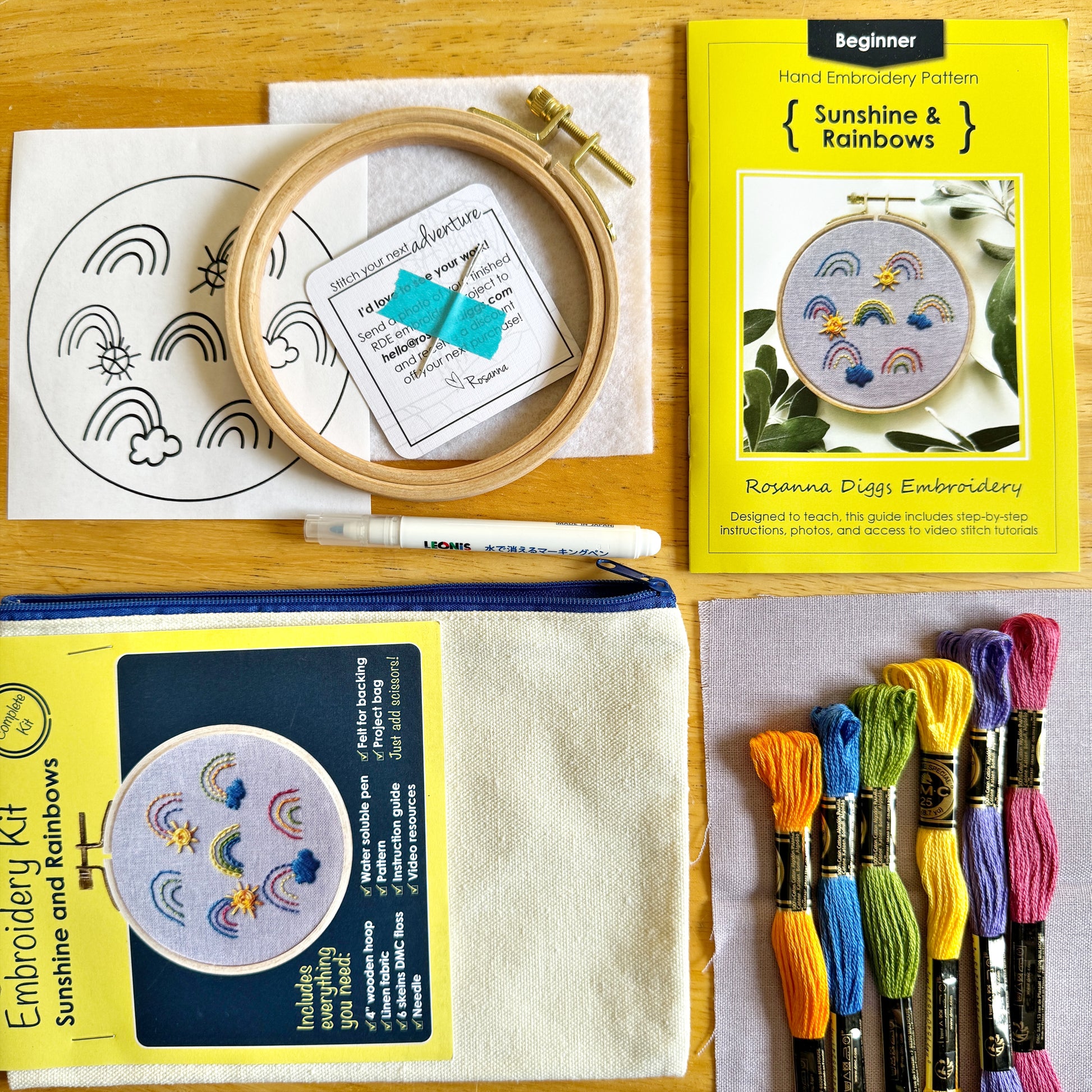 What is Included. 4 inch wooden hoop, 6 inch linen fabric, water soluble pen, full skeins of floss, needle, pattern, step by step instructions, felt for backing in a project bag to hold it all!