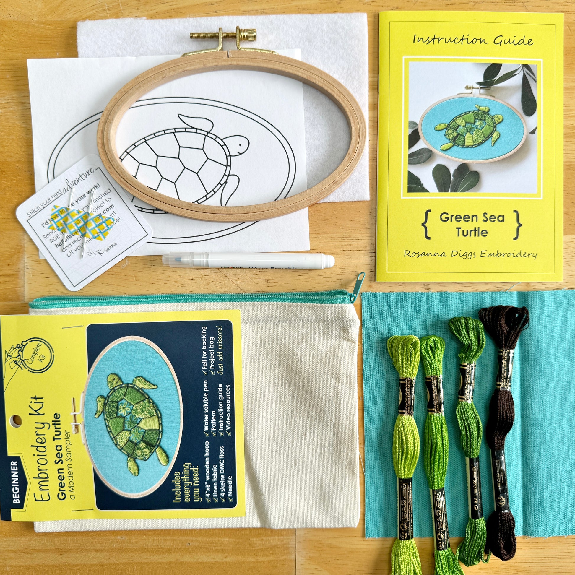 What's Included: 4 x 6 inch wooden hoop, 6x8 inch linen fabric, water soluble pen, full skeins of floss, needle, pattern step by step instructions, felt for backing and project bag to hold it all.