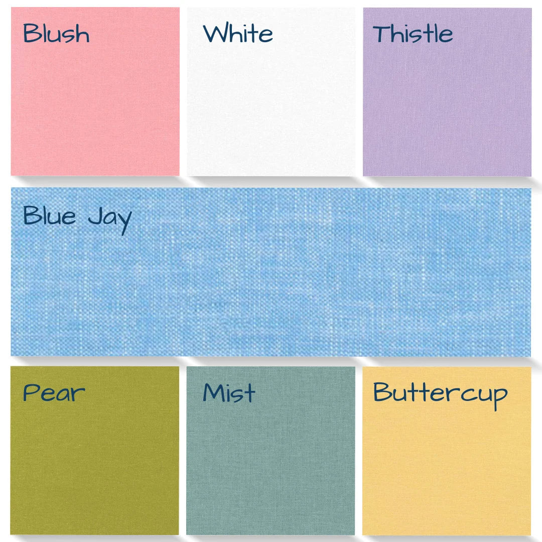 Robert Kaufman Brussels Washer Linen Blend Fabric.  55%Linen 45% Cotton.  Colors: Blush, White, Thistle, Pear, Slate, Buttercup. Available by the cut fat quarter to yard.