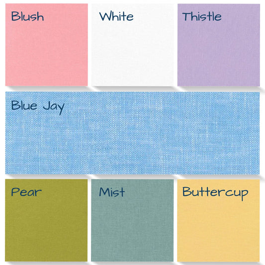 Robert Kaufman Brussels Washer Linen Blend Fabric.  55%Linen 45% Cotton.  Colors: Blush, White, Thistle, Pear, Slate, Buttercup. Available by the cut fat quarter to yard.