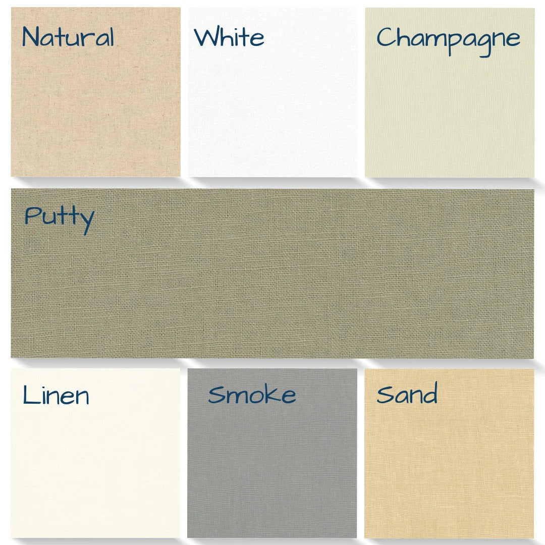 Robert Kaufman Essex Linen Blend Fabric Neutrals. Colors: Sand, White, Putty, Champagne, Smoke, Linen. 55% Linen 45% Cotton.