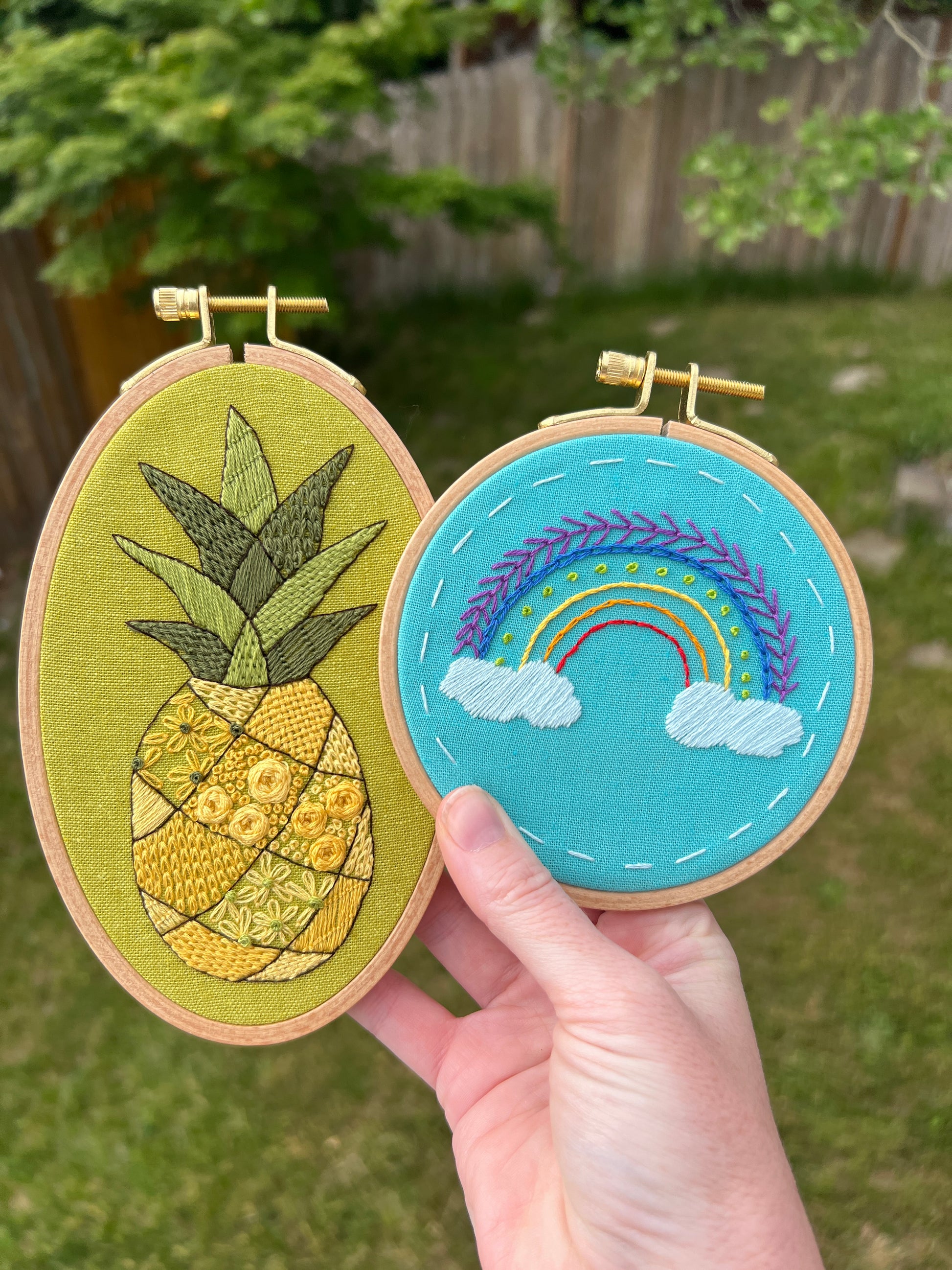 Rainbows and Pineapples.  Samplers by Rosanna Diggs Embroidery.