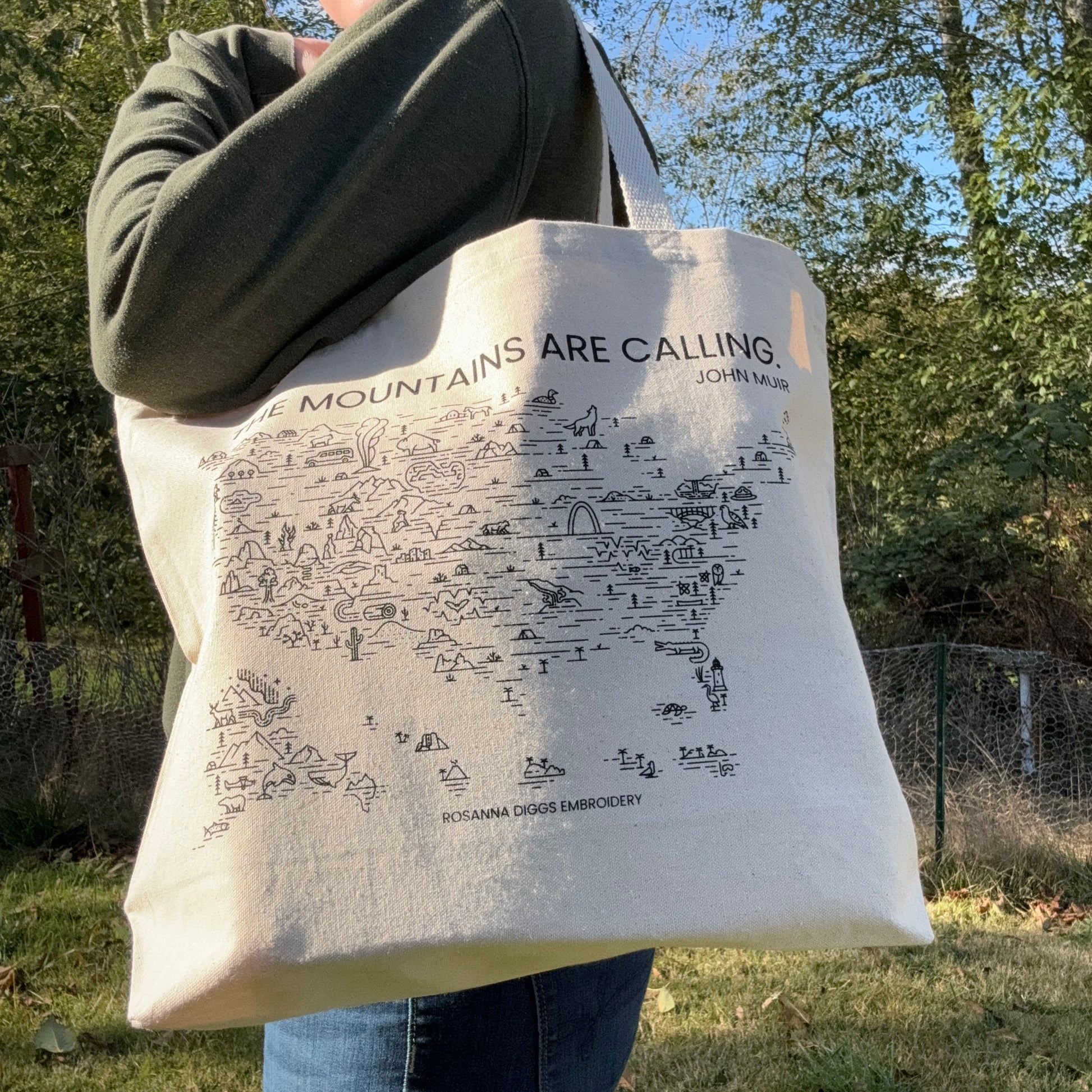 The Mountains are Calling canvas tote  Available as a kit or tote only.