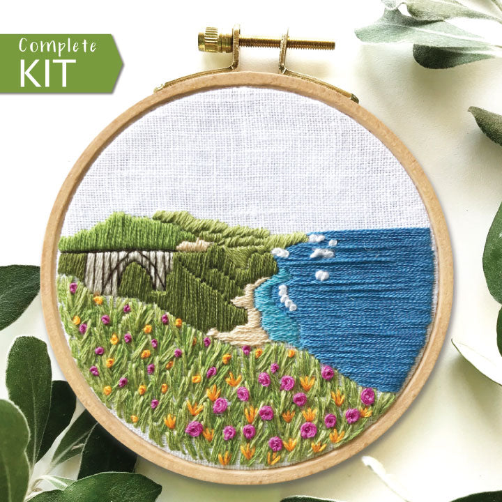 Embroidery Kit, Big Sur Beginner Landscape Embroidery Hoop Art, Complete Kit