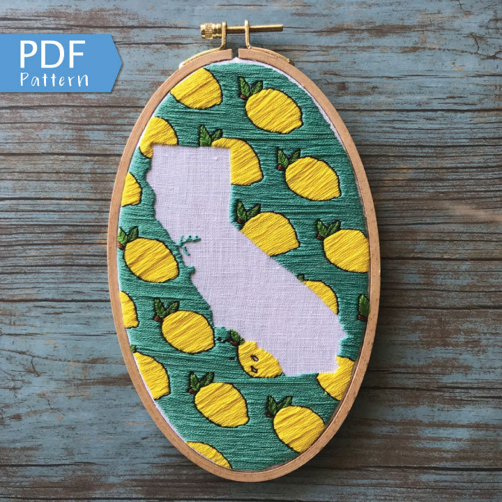 California Lemons PDF.  Silhouette of California surrounded by lemons and blue green stitching.