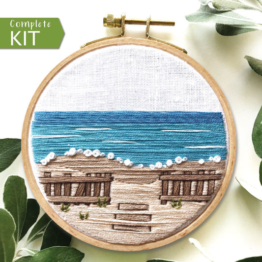 Embroidery Kit, A Day at the Beach Intermediate Seascape, Embroidery Hoop Art, Complete Kit