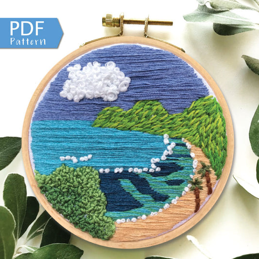 Hand Embroidery Pattern, Hanauma Bay, Hawaii Seascape Embroidery PDF