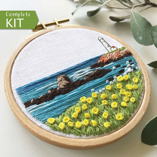 Embroidery Kit, Lighthouse by the Bay, Beginner Seascape, Embroidery Hoop Art, Complete Kit