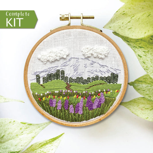 Embroidery Kit for Beginners Mount Rainier Landscape, Full Embroidery Kit.
