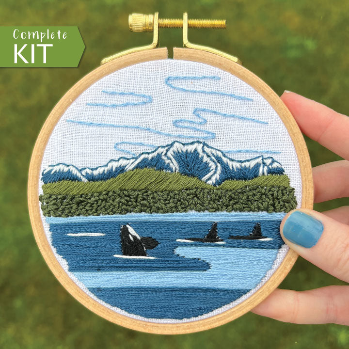 Embroidery kit for Beginners, Orcas in the Sound, Pacific Northwest Landscape, Full Embroidery Kit