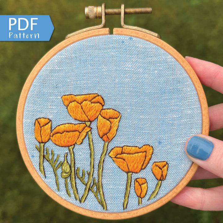Peaceful Poppies Hand Embroidery PDF. PDF includes 10 pages of easy to follow directions that walk you through stitching seven poppies with detailed stems.