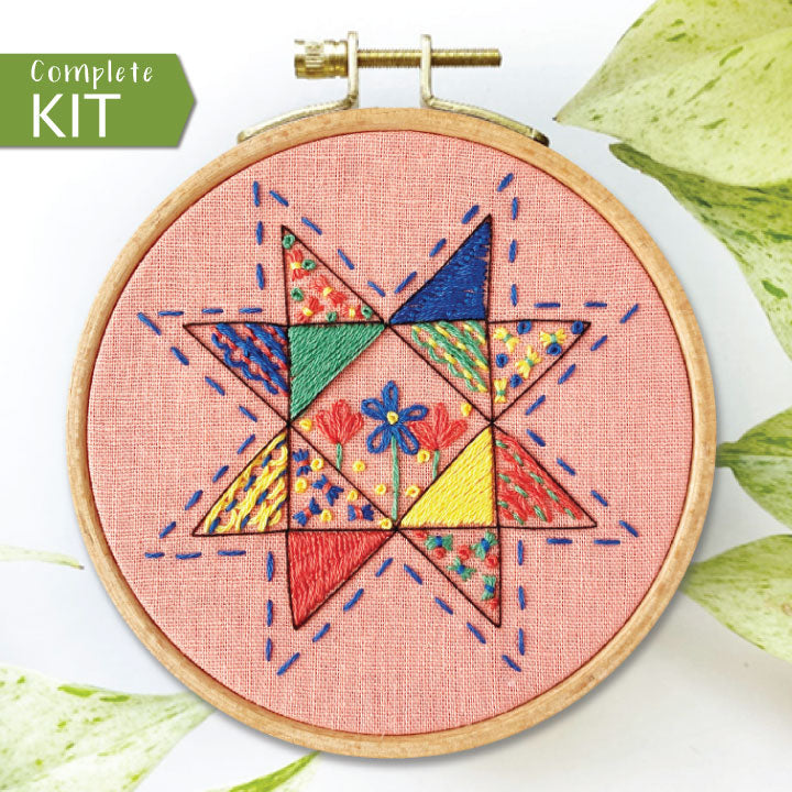 Embroidery Kit for Beginners, Starflower Quilt Block Modern Sampler, Seeing Starflowers, Complete Kit