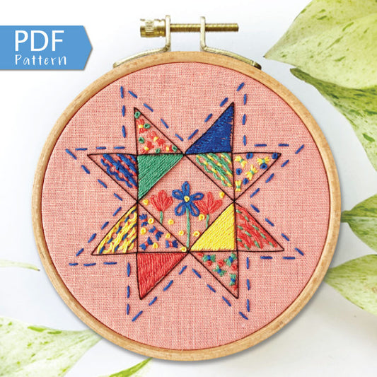 Rosanna Diggs Embroidery Seeing Starflowers  PDF.  Design features a modern take on the traditional star quilt pattern.  Learn new stitches while making something beautiful. PDF includes pattern and 12 pages of easy to follow directions.