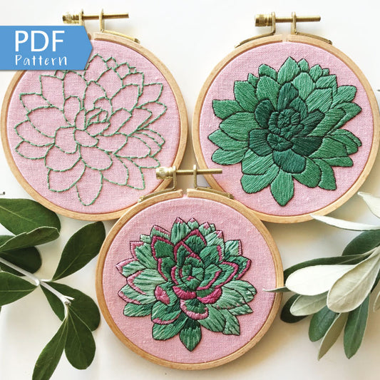 Sweet Succulents PDF features three levels of stitching experience.  From backstitch outline so detailed color work.  You choose your own adventure.   PDF includes pattern for transfer and 13 page booklet with easy to follow directions.