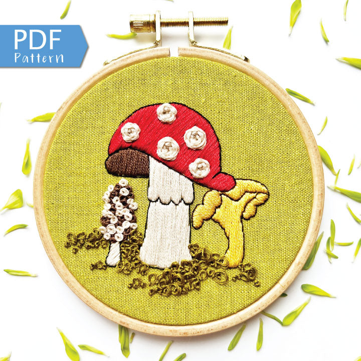 The Fungis PDF Pattern Download.  12 page pdf walks you through everything you need to know to stitch this beautiful embroidery.