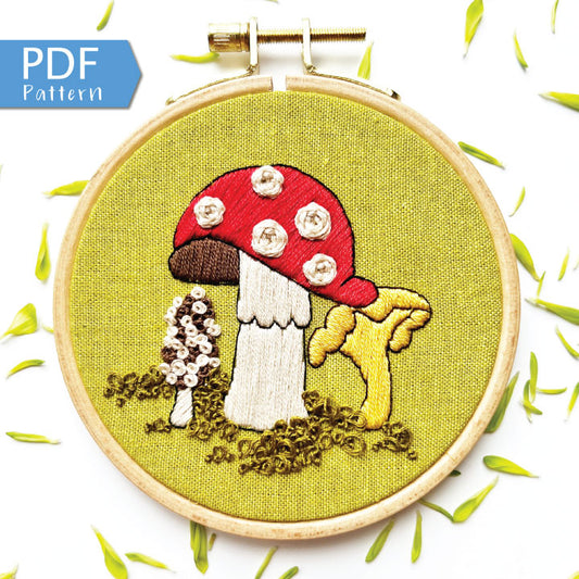 The Fungis PDF Pattern Download.  12 page pdf walks you through everything you need to know to stitch this beautiful embroidery.
