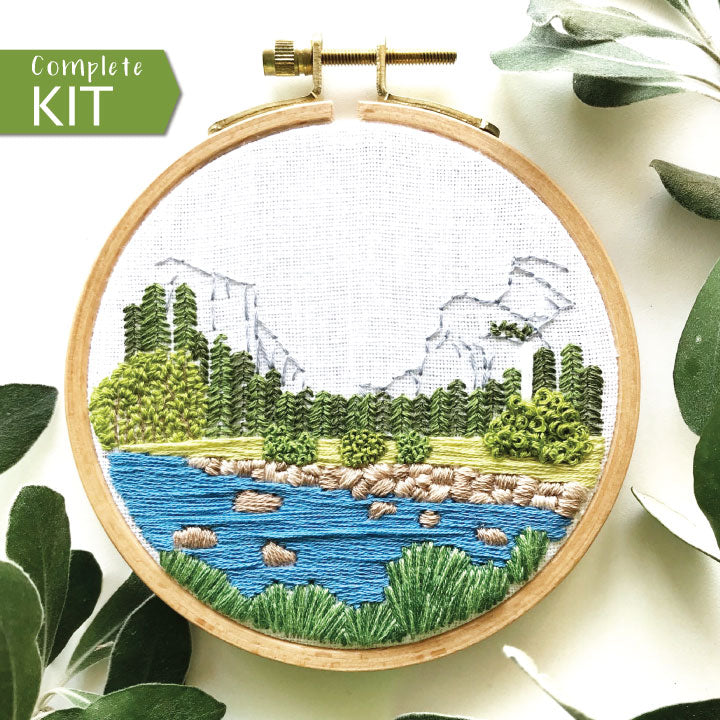 Yosemite Valley Complete Embroidery Kit.  4 inch hoop shows river and Half Dome in the Valley.