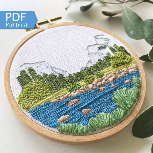Yosemite Valley Hand Embroidery PDF pattern.  Half Dome graces the background of this modern embroidery with river, rocks and trees in the foreground.
