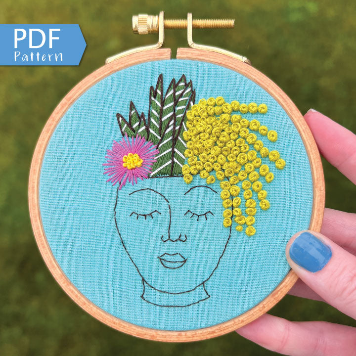 Zen Zoe PDF features a planter of a female face in black outline and has three different succulent plants cascading as her hair.  PDF includes pattern for transfer and 11 page booklet with easy to follow directions.