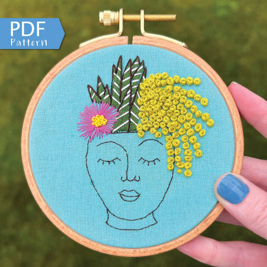 Zen Zoe PDF features a planter of a female face in black outline and has three different succulent plants cascading as her hair.  PDF includes pattern for transfer and 11 page booklet with easy to follow directions.