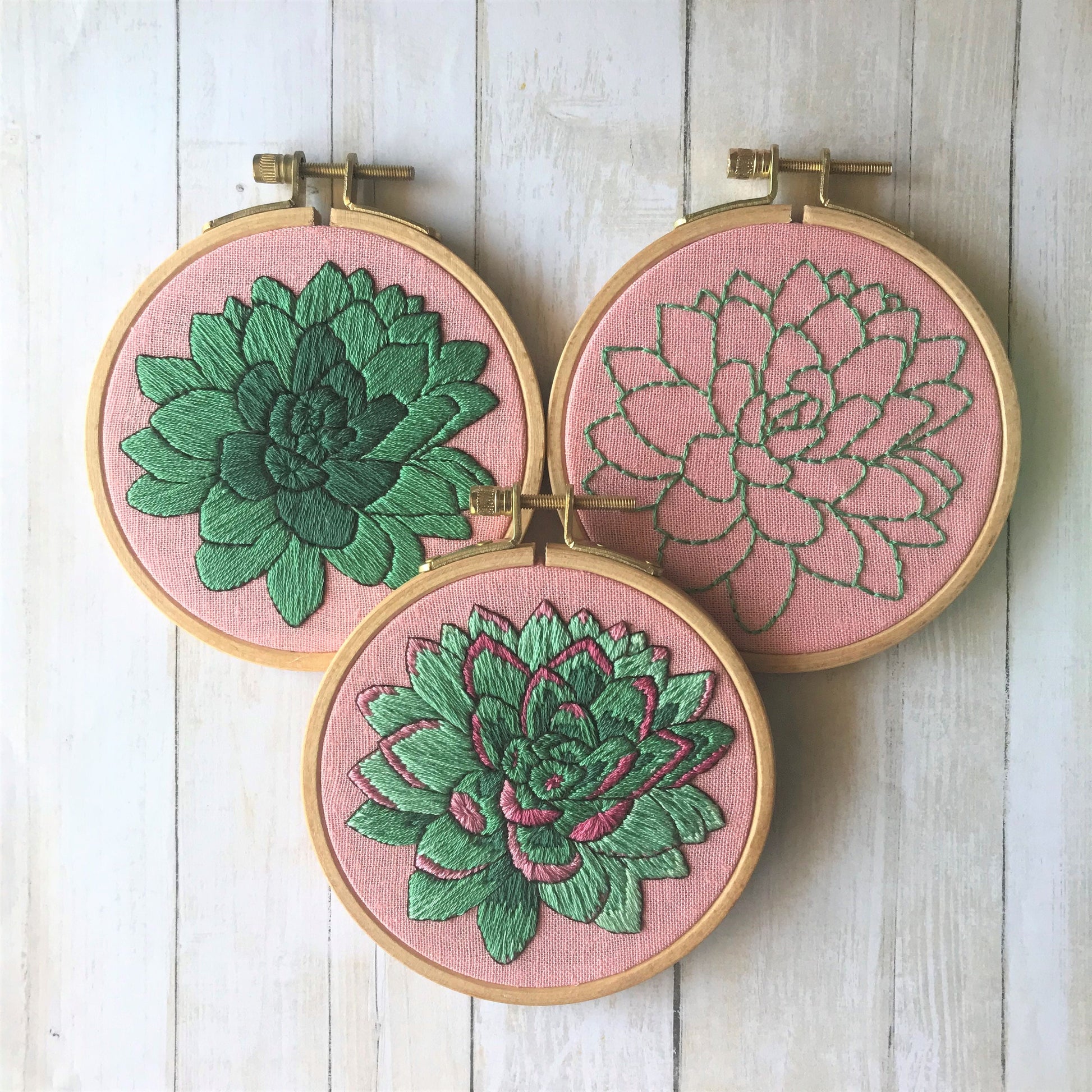 Sweet Succulents PDF features three levels of stitching experience.  From backstitch outline so detailed color work.  You choose your own adventure.   PDF includes pattern for transfer and 13 page booklet with easy to follow directions.