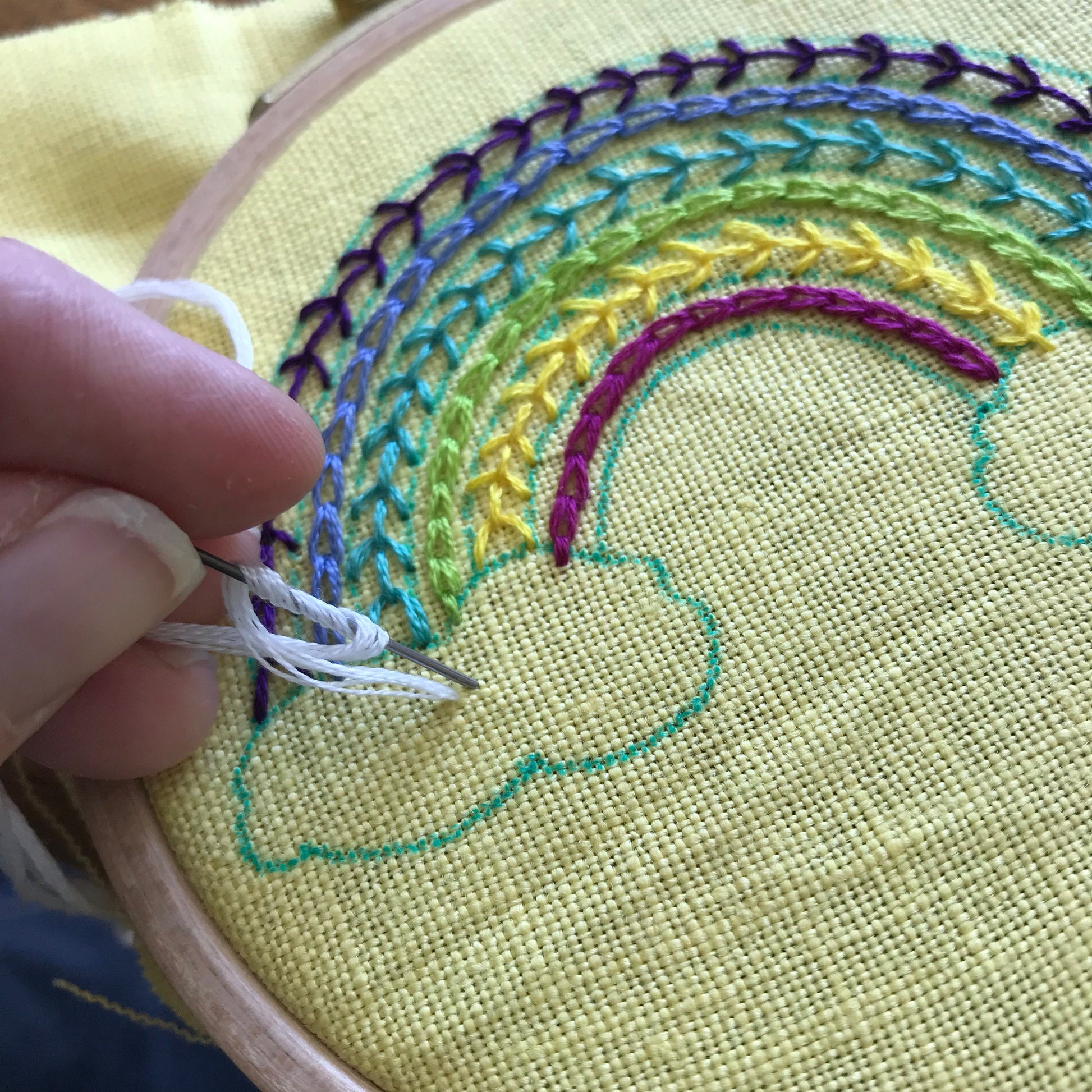 Practice your French knots in the clouds of the Radiant Rainbow PDF.  This pattern teaches different stitches resulting in a modern rainbow with puffy clouds below a 6 banded rainbow.