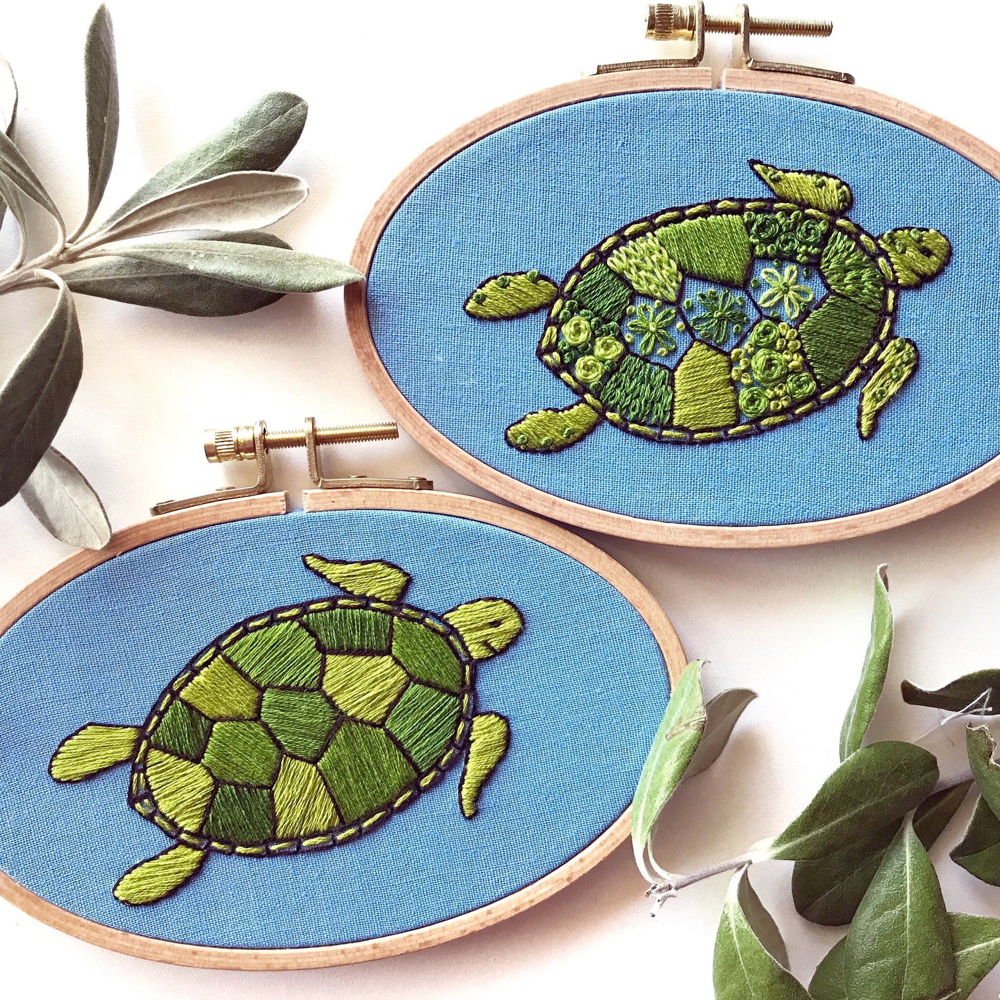 Green Sea Turtle Hand Embroidery PDF.  12 page booklet gives clear directions to complete this modern sampler with 7 different stitches.  Create your own masterpiece. Turtle with 13 shell sections with different stitch types.
