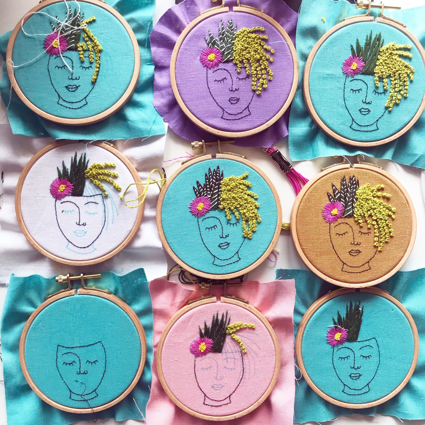 Stages of Zen Zoe over different fabric backgrounds.